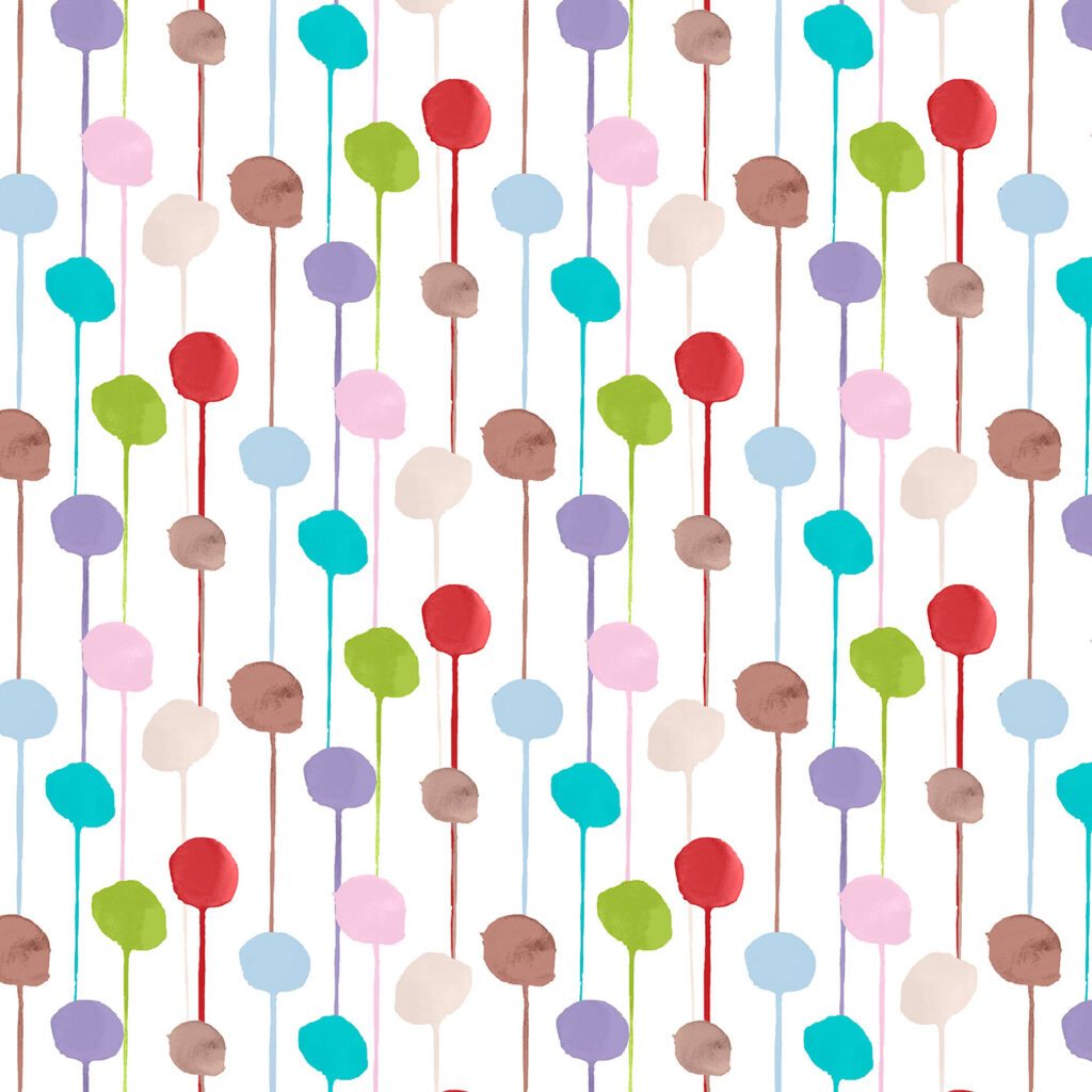 The Rita's World collection by Mushaboom Design. Textiles and wallcoverings. Pattern Balloon, colour Candy. Detail.