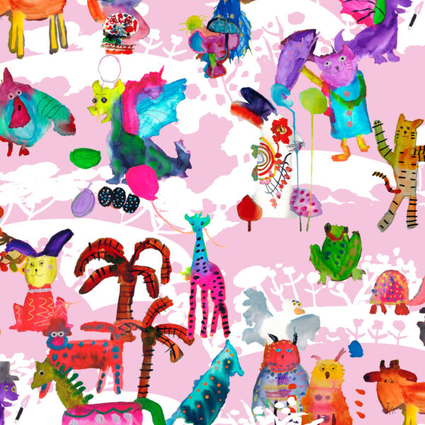 The Rita's World collection by Mushaboom Design. Textiles and wallcoverings. Pattern Circus, colour Dawn.