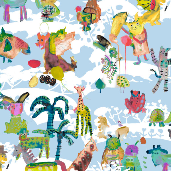 The Rita's World collection by Mushaboom Design. Textiles and wallcoverings. Pattern Circus, colour Twilight, Detail.