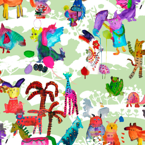 The Rita's World collection by Mushaboom Design. Textiles and wallcoverings. Pattern Circus, colour Monte Carlo.