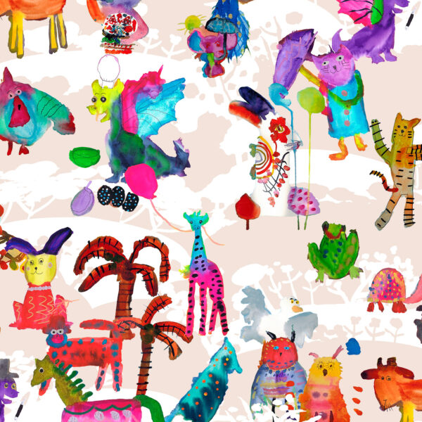 Ritas World collection by Mushaboom Design. Textile and wallpaper. Pattern Circus, colour prismatic, detail.