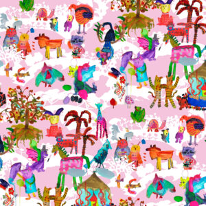 The Rita's World collection by Mushaboom Design. Textiles and wallcoverings. Pattern Circus, colour Dawn.