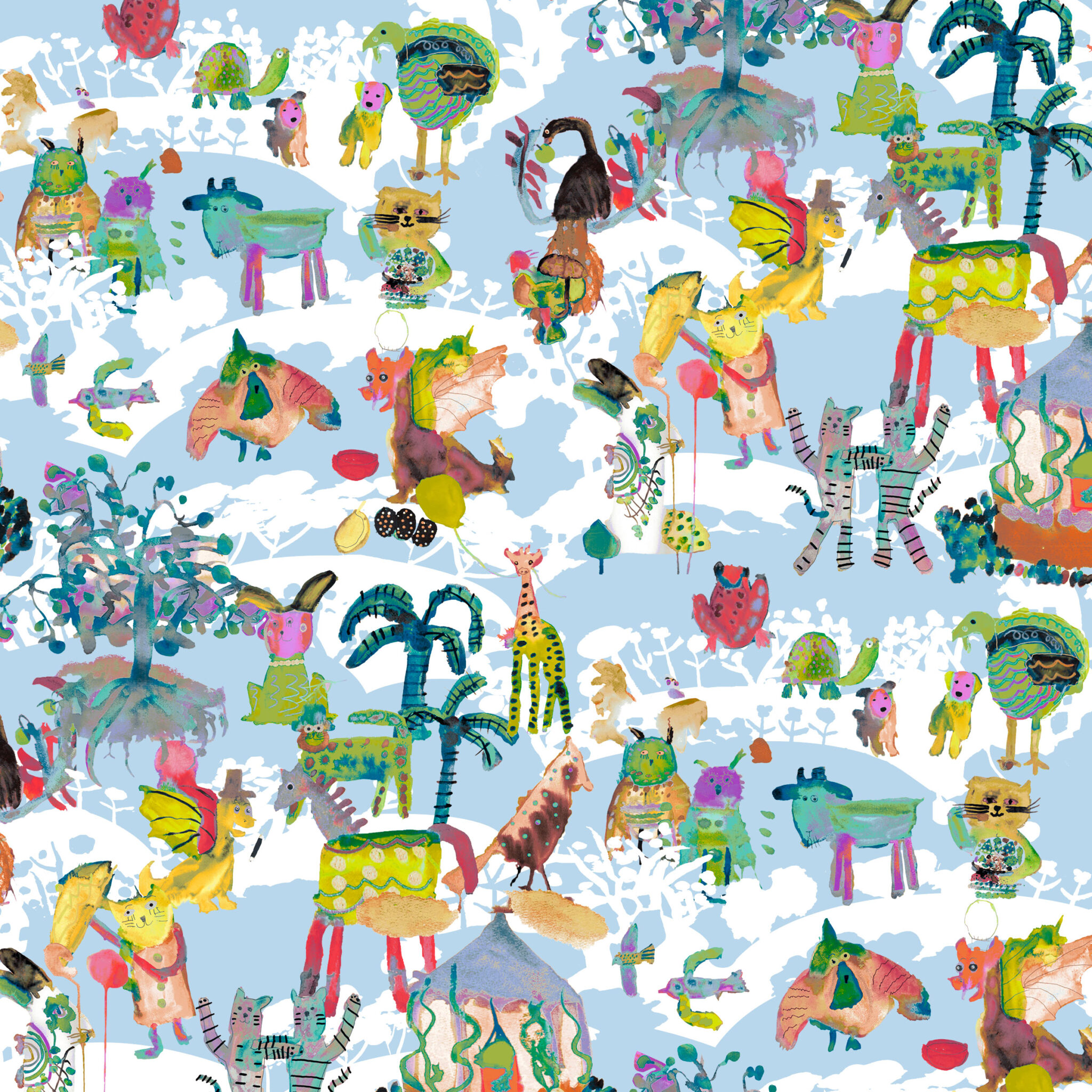 The Ritas World collection by Mushaboom Design. Textile and wallcoverings. Pattern Circus, colour Twilight.