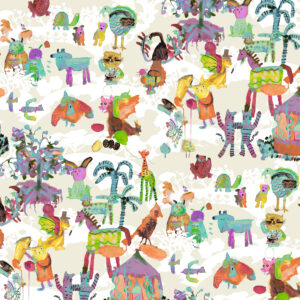 The Ritas World collection by Mushaboom Design. Textile and wallcoverings. Pattern Circus, colour Barnum.