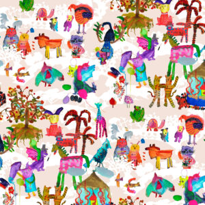 The Rita's World collection by Mushaboom Design. Textiles and wallcoverings. Pattern Circus, colour Prismatic.