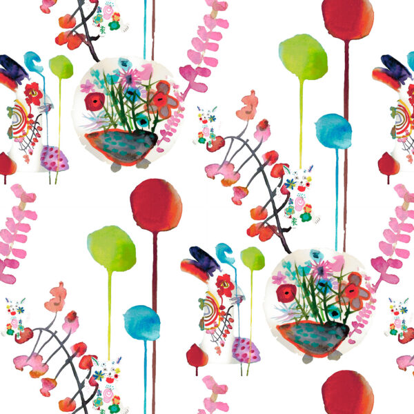 The Rita's World collection by Mushaboom Design. Textiles and wallcoverings. Pattern Fest, colour Tea Party. Detail.