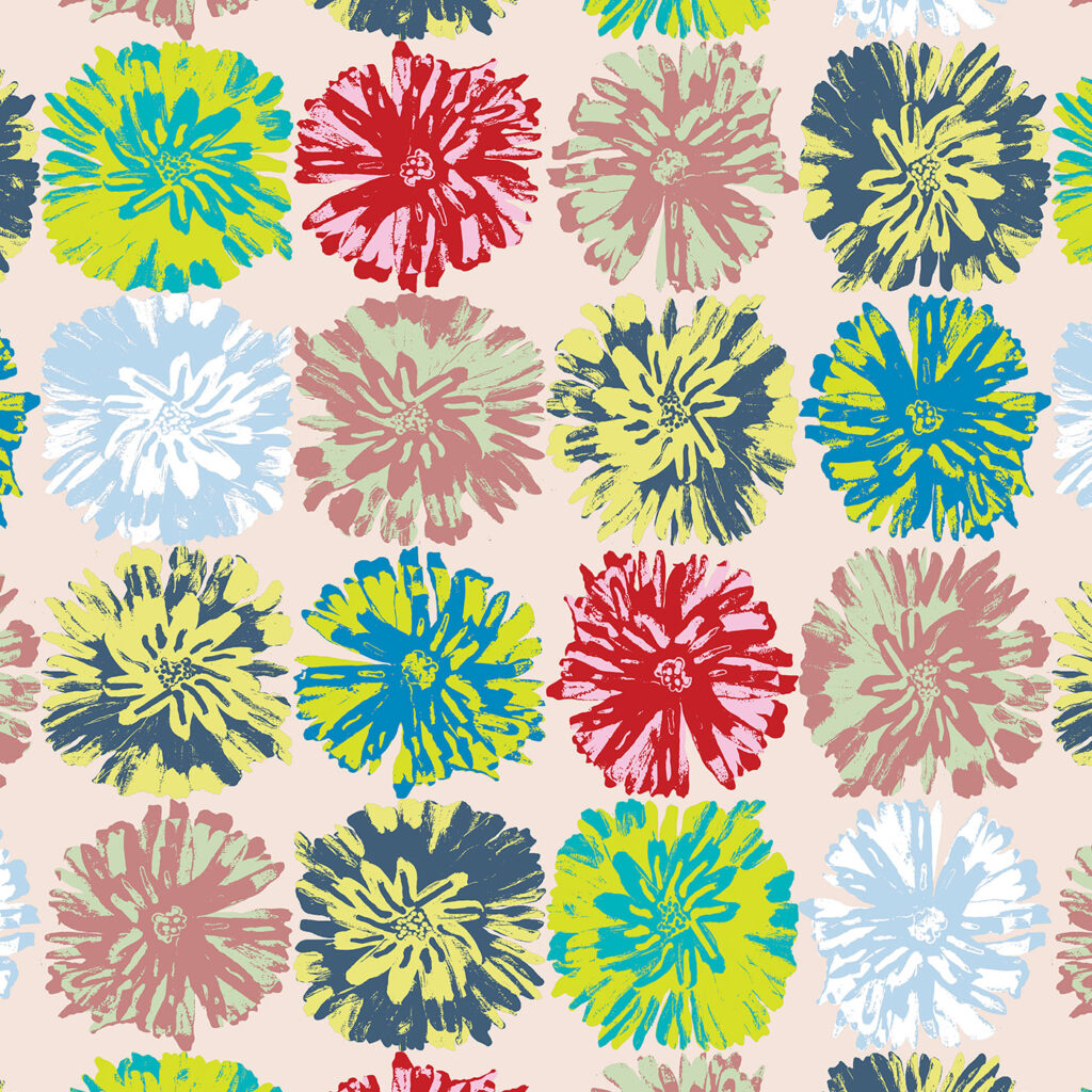 The Rita's World collection by Mushaboom Design. Textiles and wallcoverings. Pattern Posey, colour Garden. Detail.