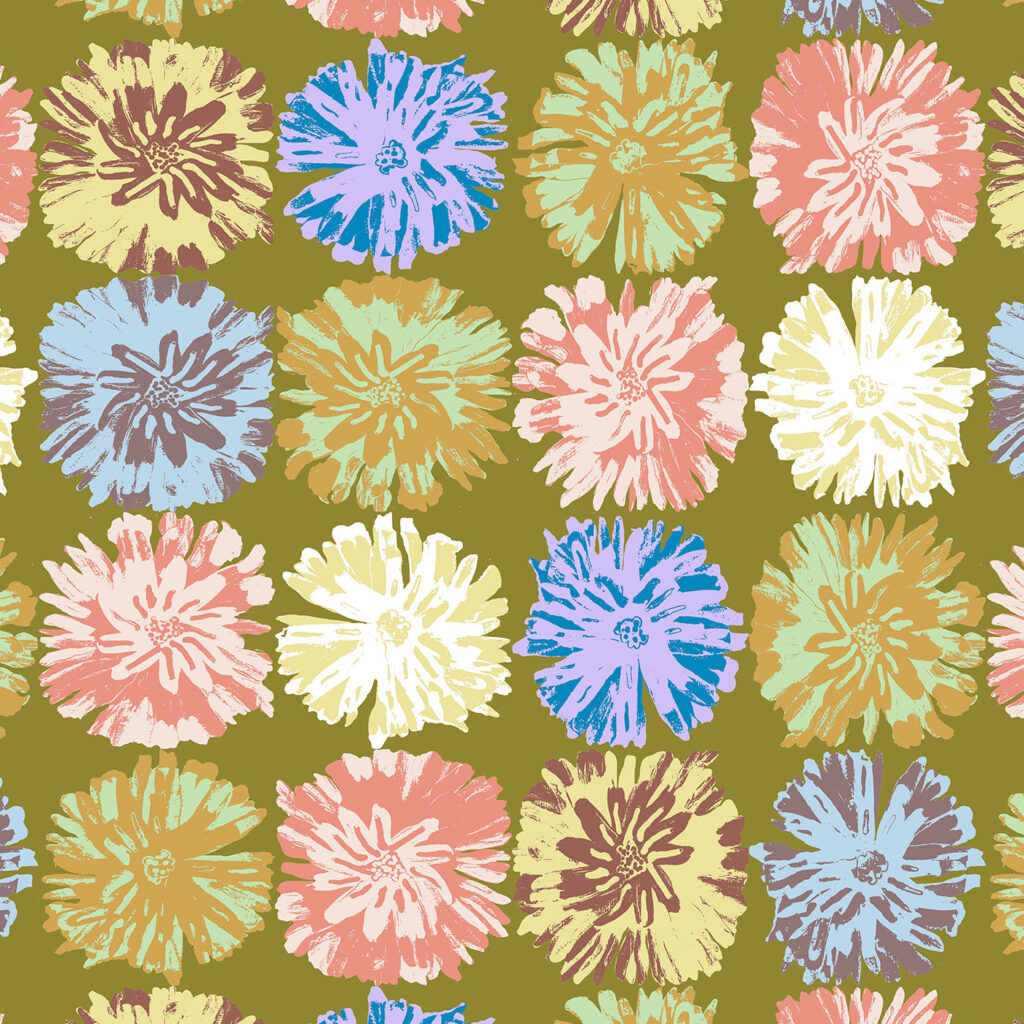 The Ritas World collection by Mushaboom Design. Textile and wallcoverings. Pattern Posey, colour Spray. Detail.