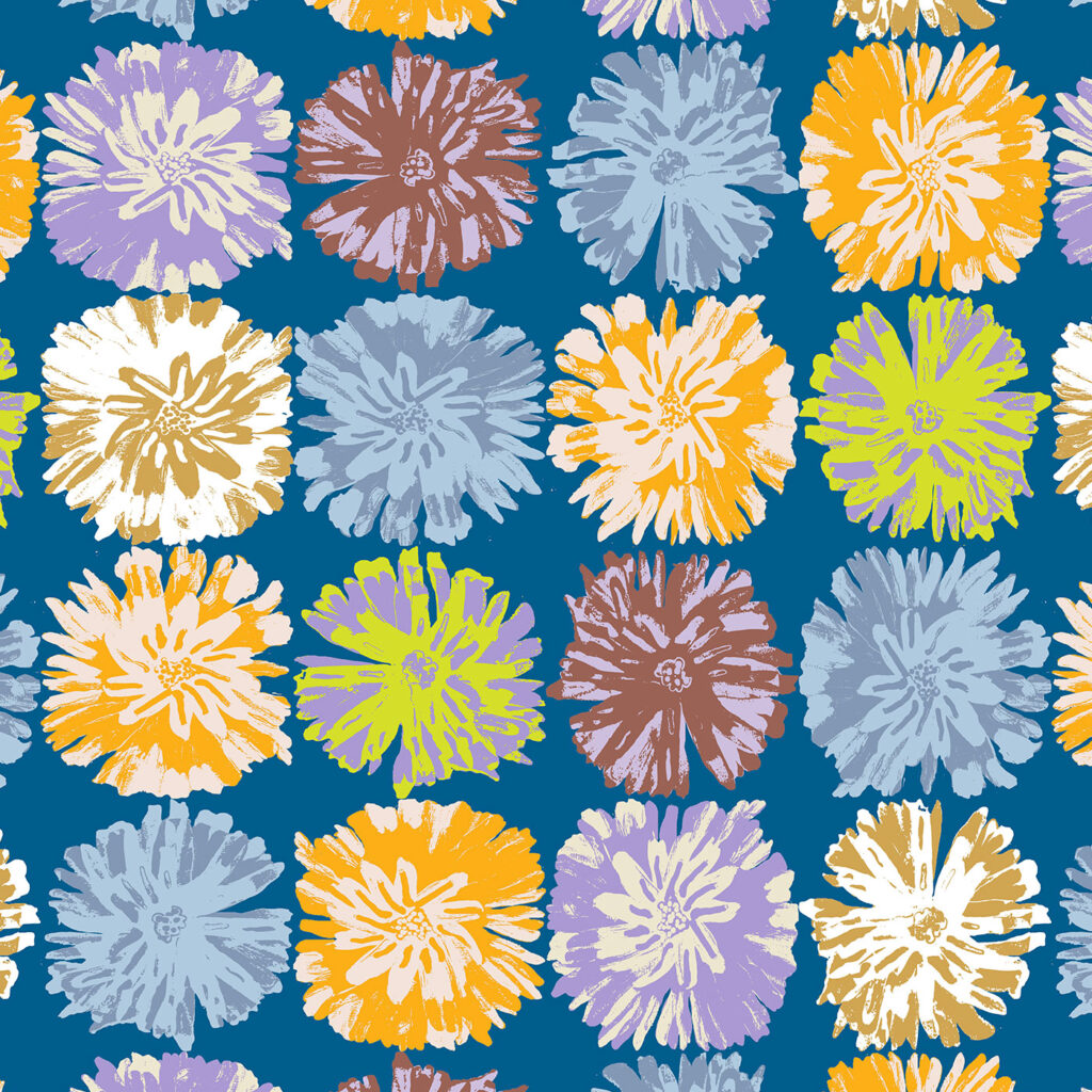 The Ritas World collection by Mushaboom Design. Textile and wallcoverings. Pattern Posey, colour Thistle Detail..