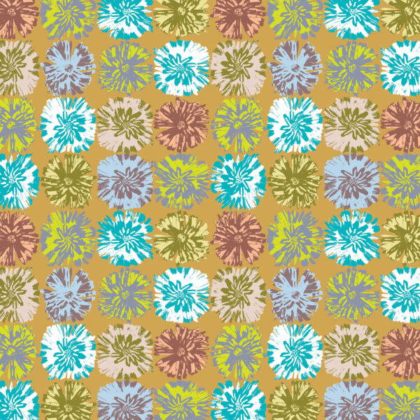 The Ritas World collection by Mushaboom Design. Textile and wallcoverings. Pattern Posey, colour Caramel.