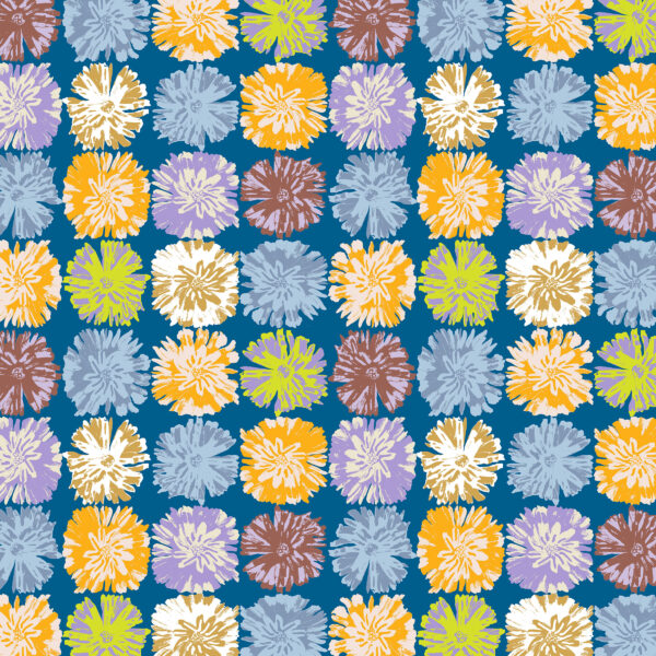 The Ritas World collection by Mushaboom Design. Textile and wallcoverings. Pattern Posey, colour Thistle.