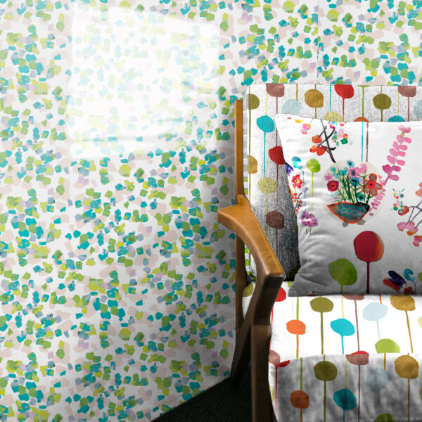 The Rita's World collection of textiles and wallcoverings, Confetti Toss. Balloon Gummy.