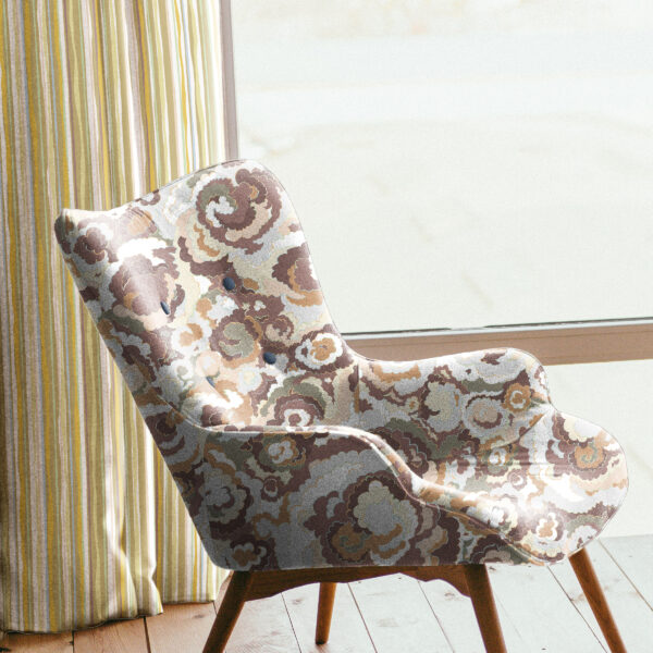 Textile and wallcovering designs from the Oh Canada collection. Lichen on chair and 49 on wall.