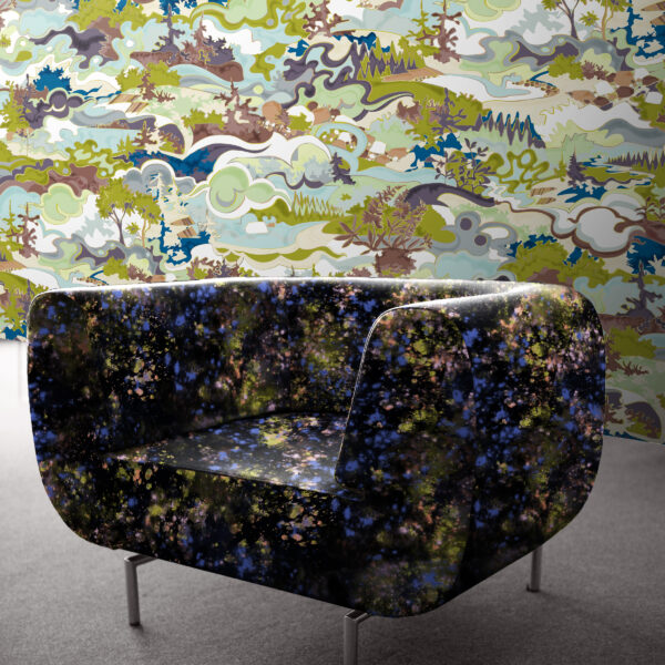 The Oh Canada textile and wallcovering collection. Splash on chair and Taylor Head on wall.