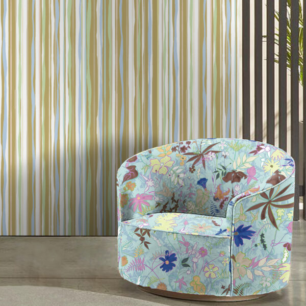 Textile and wallcovering designs from the Oh Canada collection. Wilding on chair and 49 on wall.
