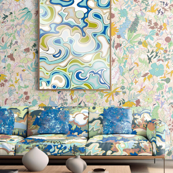 Patterns from the Oh Canada collection of textiles and wallcoverings. Wildthing on the wall, Current in picture frame, Taylor Head on sofa and Splash on pillows.