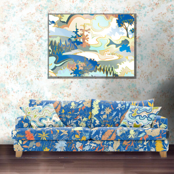 Designs from the Oh Canada collection for textiles and wallcovering. Wildthin on sofa, Current on pillows, Taylor Head in picture frame, and Splash on wall.