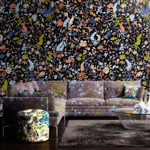 Oh Canada collection, Splash on sofa, Wildthings on wall, Current on ottoman and pillows.