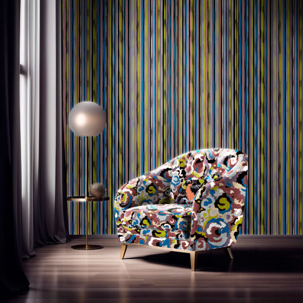 Designs for textiles and wallcoverings from the Oh Canada collection. Lichen on Chair, Wildthing on pillow, 49 on wall.