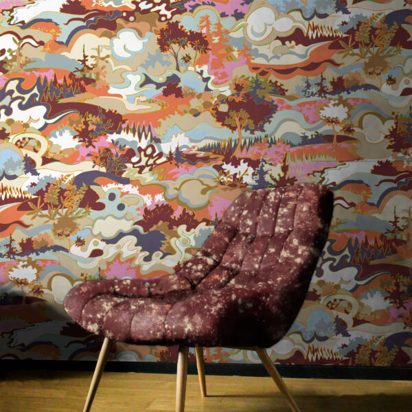 Textile and wallcovering designs from the Oh Canada collection. Taylor Head on wall and Splash on chair.
