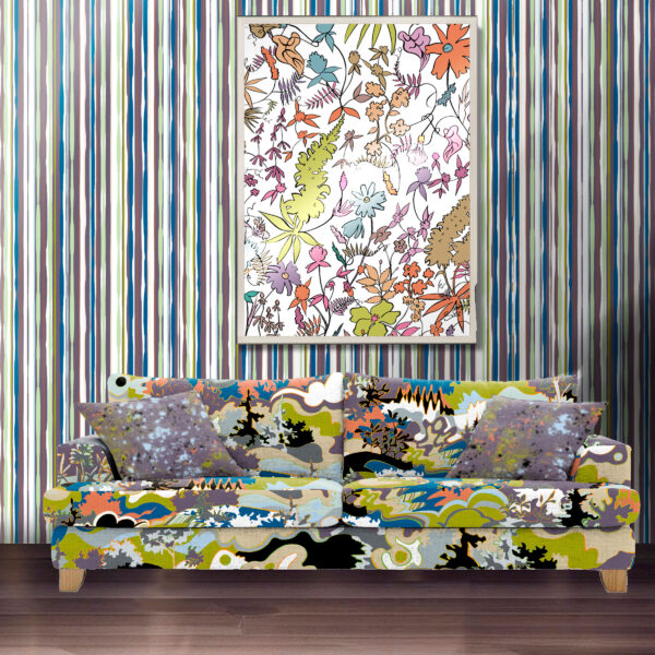 Designs for wallcovering and textiles from the Oh Canada collection. 49th on wall, Wildthing in picture frame, Taylor Head on sofa, and Splash on Wall.
