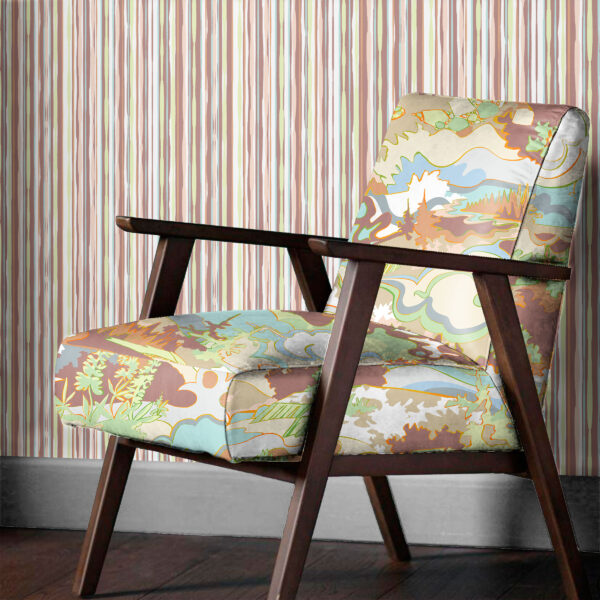 Textile and wallcovering designs from the Oh Canada collection. Taylor Head on chair and 49 on wall.