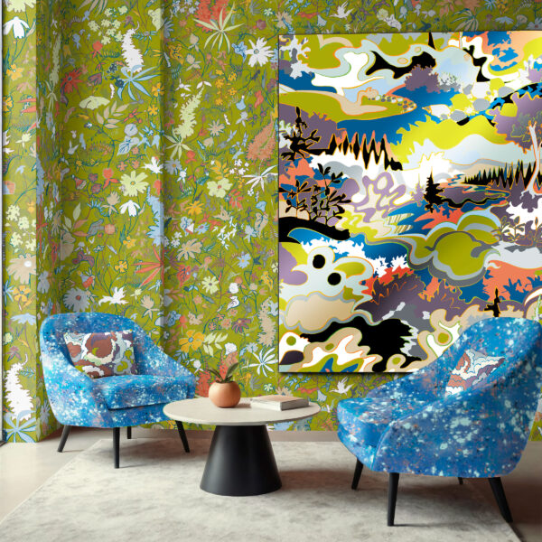 Patterns from the Oh Canada collection. Wildthing on wall, Taylor Head in picture frame, Splash on chairs, and Lichen on pillows.