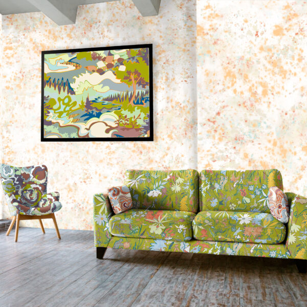 Wildthing on sofa, Splash on wall, Taylor Head in picture frame, and Lichen on chair. Designs from the Oh Canada textile and wallcovering collection.