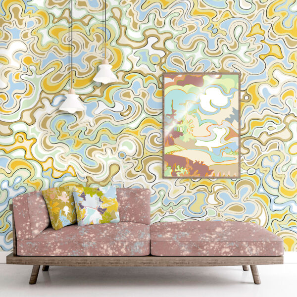 Designs for textiles and wallcoverings from the Oh Canada collection. Current on wall, Splash on sofa, Maple and Wildthing on pillows, and Taylor Head in picture Frame.