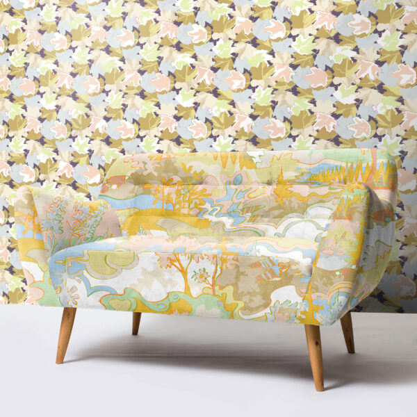 Designs from the Oh Canada textile and wallcovering collection. Maple on wall and Taylor Head on chair.