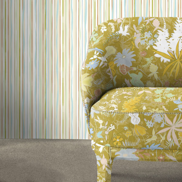 Designs from the Oh Canada textile and wallcovering collection. Wildthing on chair and 49 on wall.