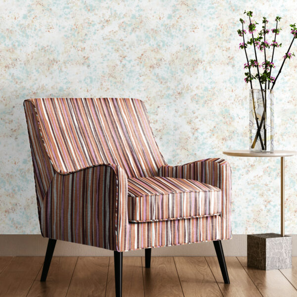 Textile and wallcovering patterns 49 on chair and Splash on wall.