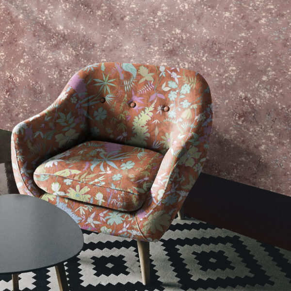 Textile and wallcovering designs from the Oh Canada collection. Wildthing on chair and Splash on wall.